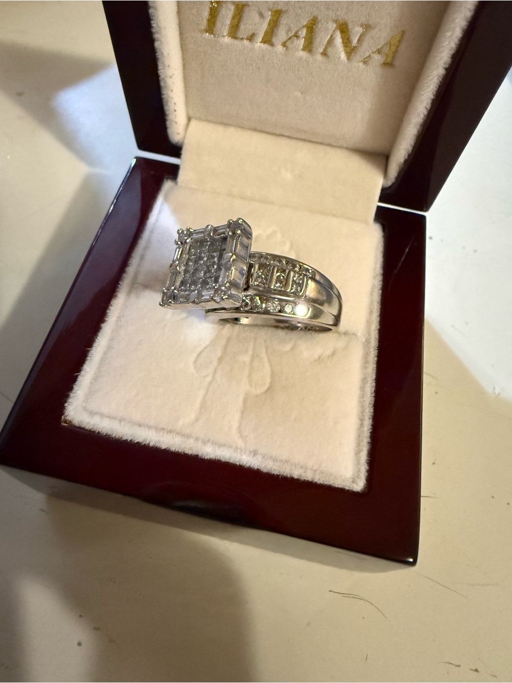 14k White Gold Ring Diamond Cluster With Baguettes Emerald Cut - White - Picture 7 of 10